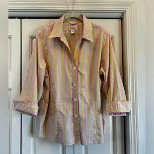 Talbots pink & green wrinkle resistant button up shirt with fold back cuffs, 16
